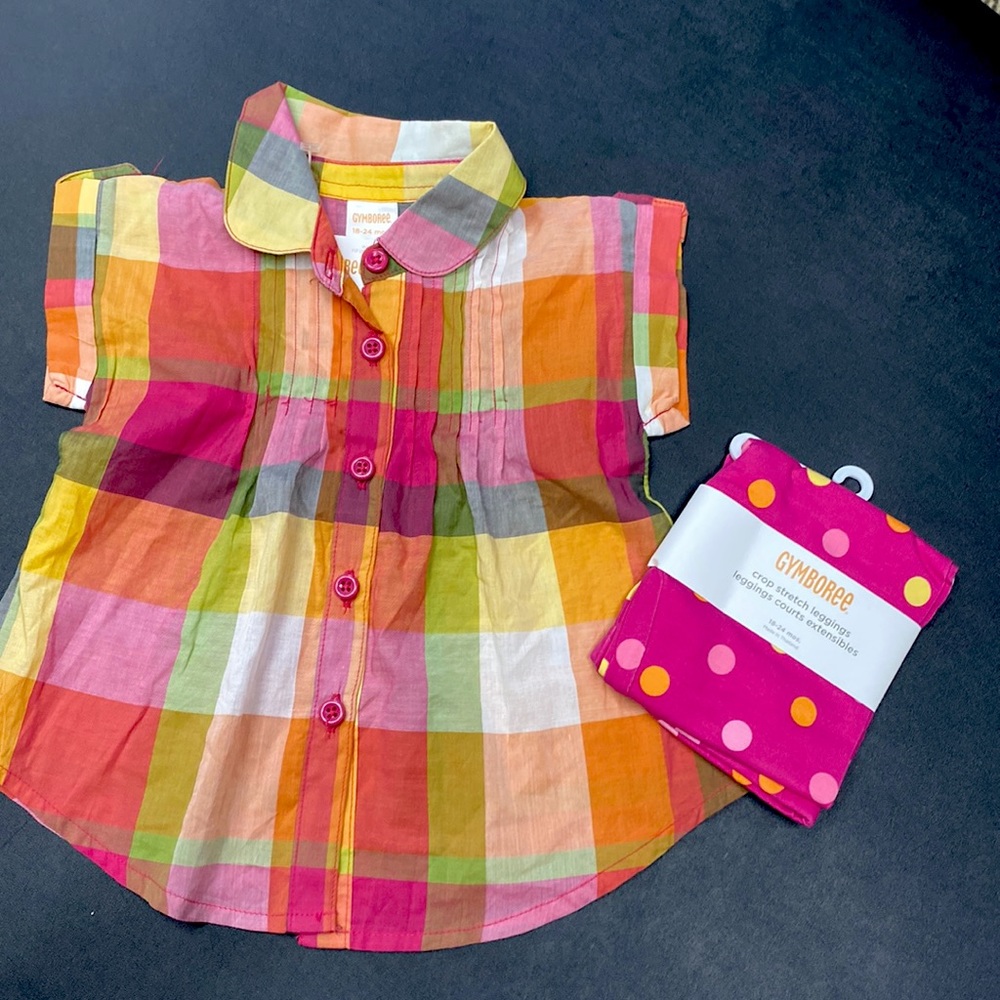 Gymboree plaid cotton shirt girl polkadot crop leggings 18-24 mo